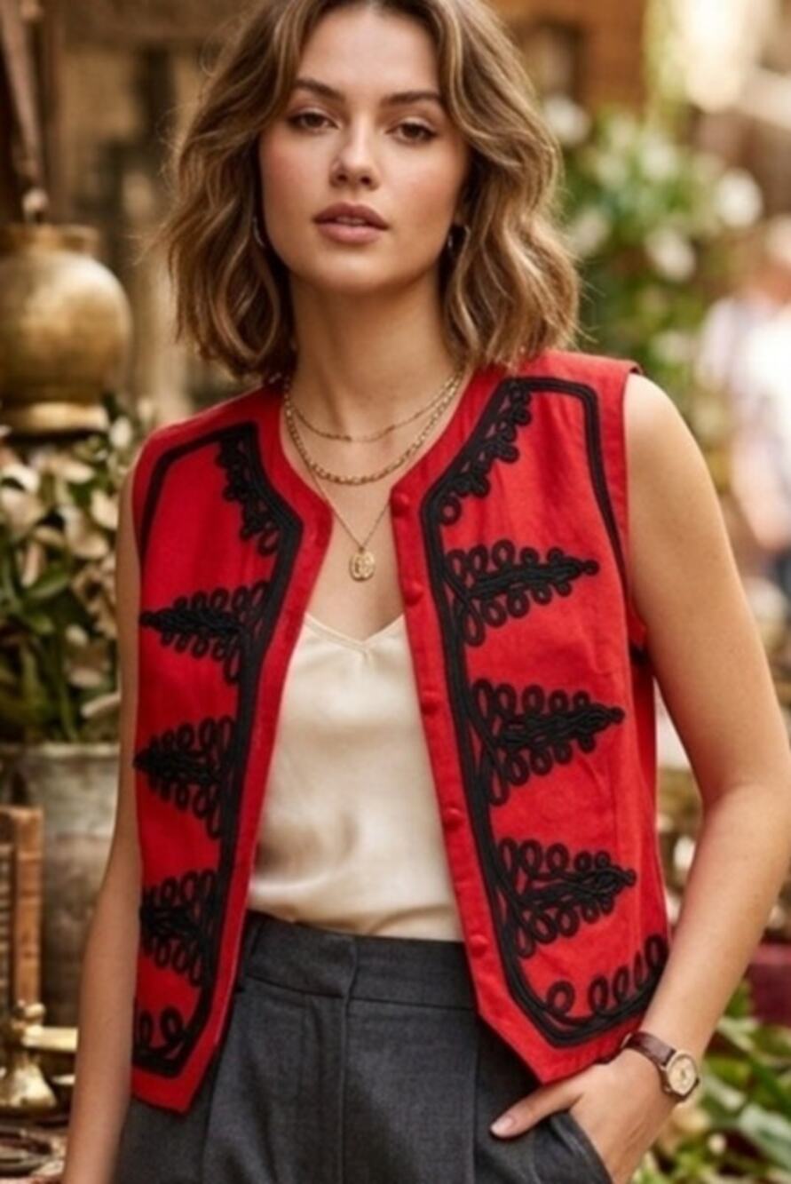 Awesome 90's Casual Corner Red Silk Vest w/Soutache Cording Embroidery